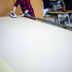 Sarah Waterhouse, silkscreen textile printer at work in her studio 2019